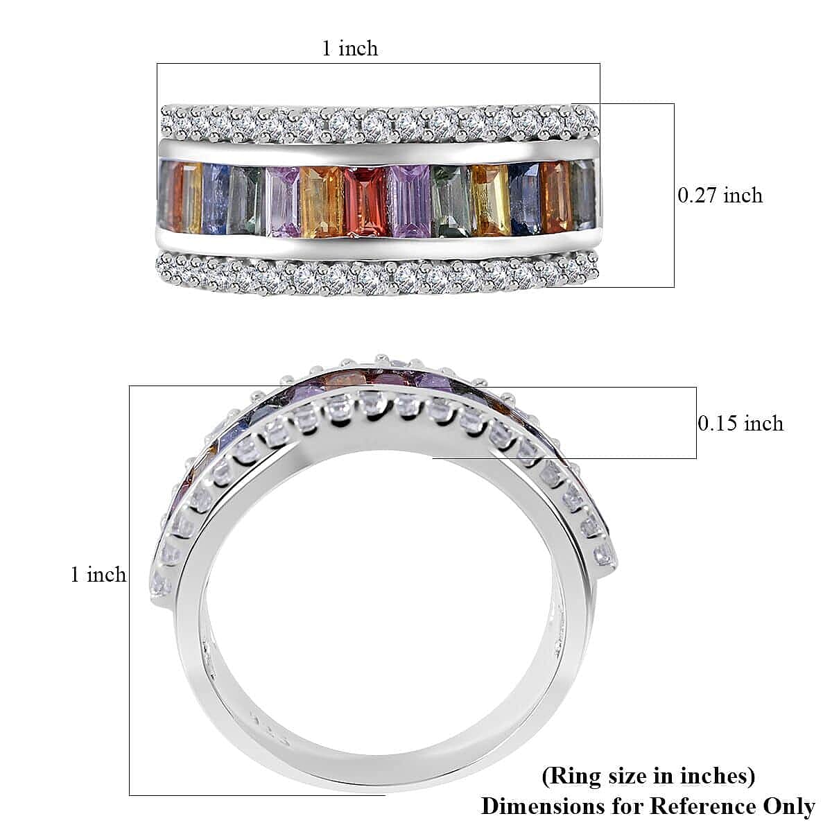 Multi Sapphire and White Zircon 3 Row Ring in Platinum Over Sterling Silver (Size 10.0) 3.15 ctw