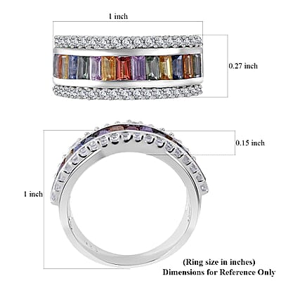 Multi Sapphire and White Zircon 3 Row Ring in Platinum Over Sterling Silver (Size 10.0) 3.15 ctw