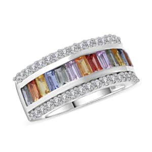 Multi Sapphire and White Zircon 3 Row Ring in Platinum Over Sterling Silver (Size 7.0) 3.15 ctw