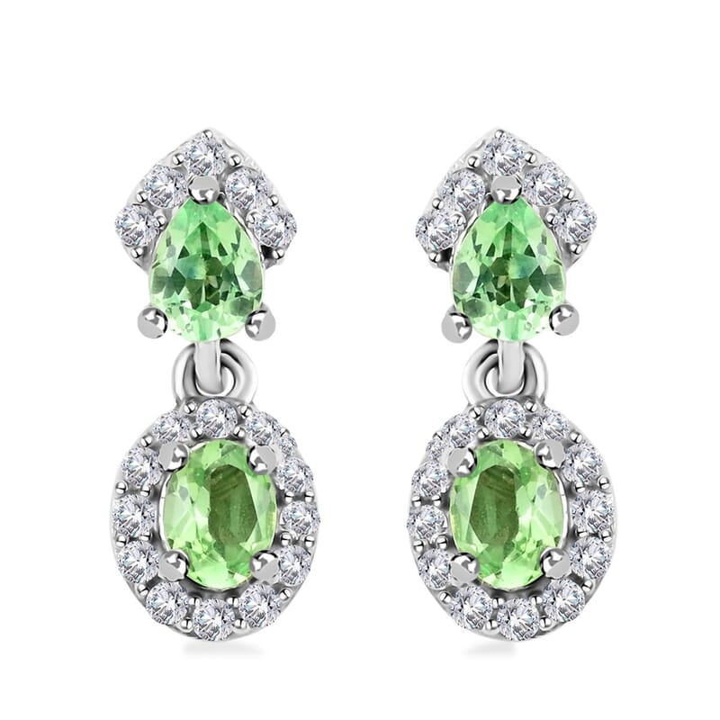 Tsavorite Garnet and Zircon Dangle Earrings in Platinum Over Sterling Silver 1.10 ctw
