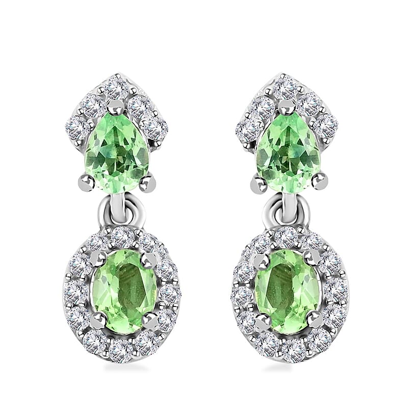 Tsavorite Garnet and Zircon Dangle Earrings in Platinum Over Sterling Silver 1.10 ctw