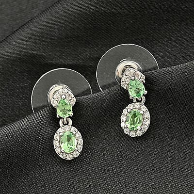 Tsavorite Garnet and Zircon Dangle Earrings in Platinum Over Sterling Silver 1.10 ctw