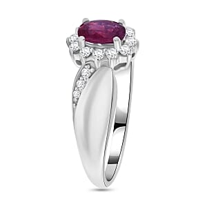 Niassa Ruby (FF) and White Zircon 1.07 ctw Ring in Rhodium Over Sterling Silver (Size 8.0)