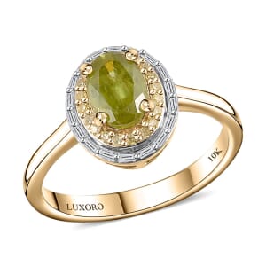 Luxoro 10K Yellow Gold AAA Sphene, I2-I3 Natural Yellow and White Diamond Double Halo Ring (Size 6.0) 1.15 ctw