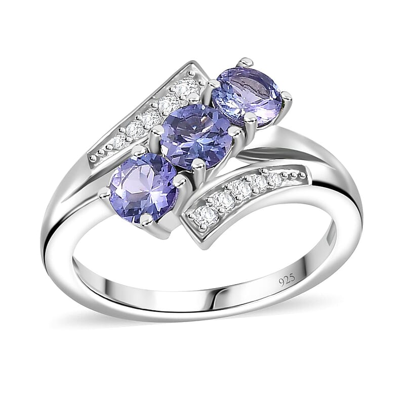 Tanzanite and White Zircon 1.40 ctw Ring in Rhodium Over Sterling Silver (Size 9.0)