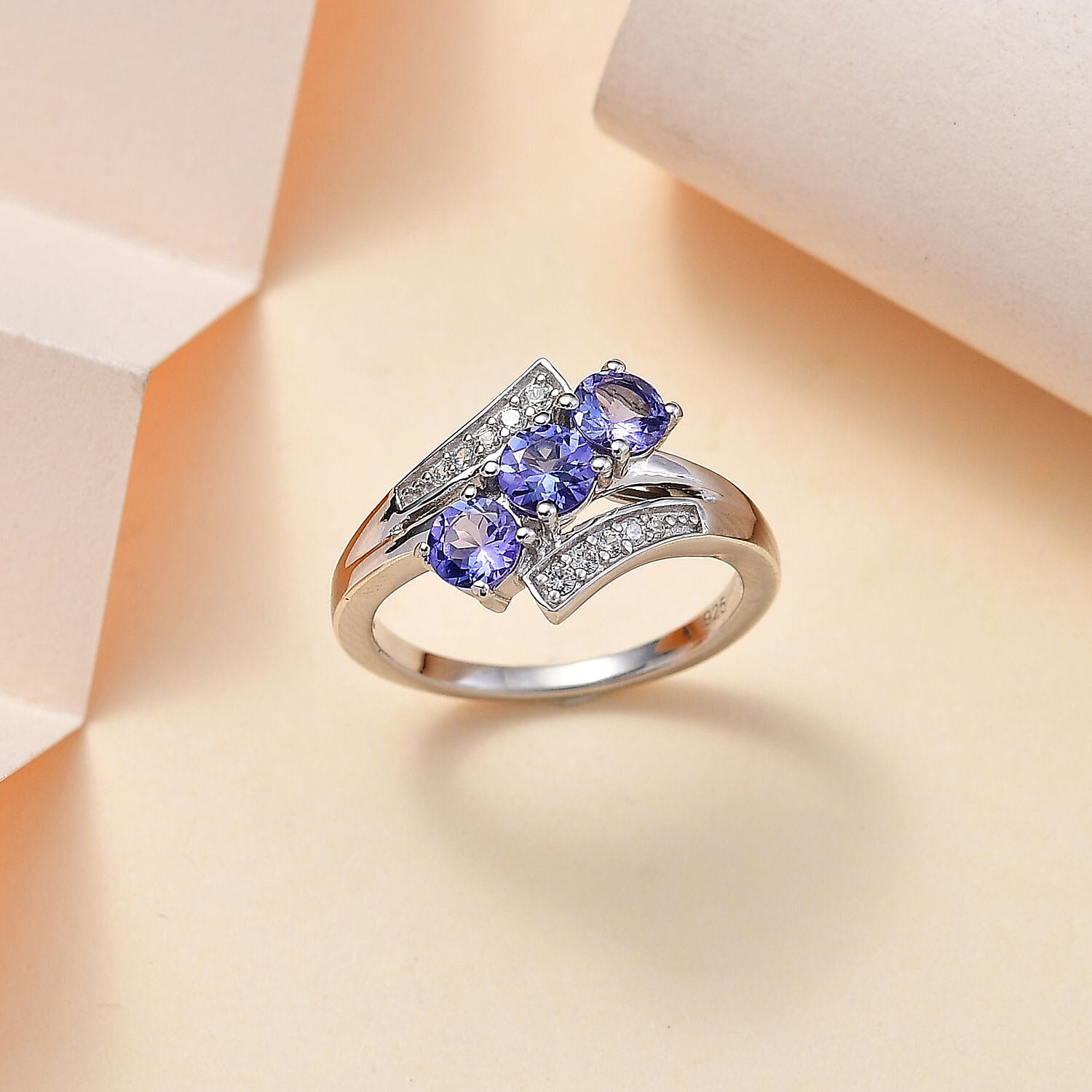 Tanzanite and White Zircon 1.40 ctw Ring in Rhodium Over Sterling Silver (Size 9.0)