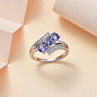 Tanzanite and White Zircon 1.40 ctw Ring in Rhodium Over Sterling Silver (Size 9.0)