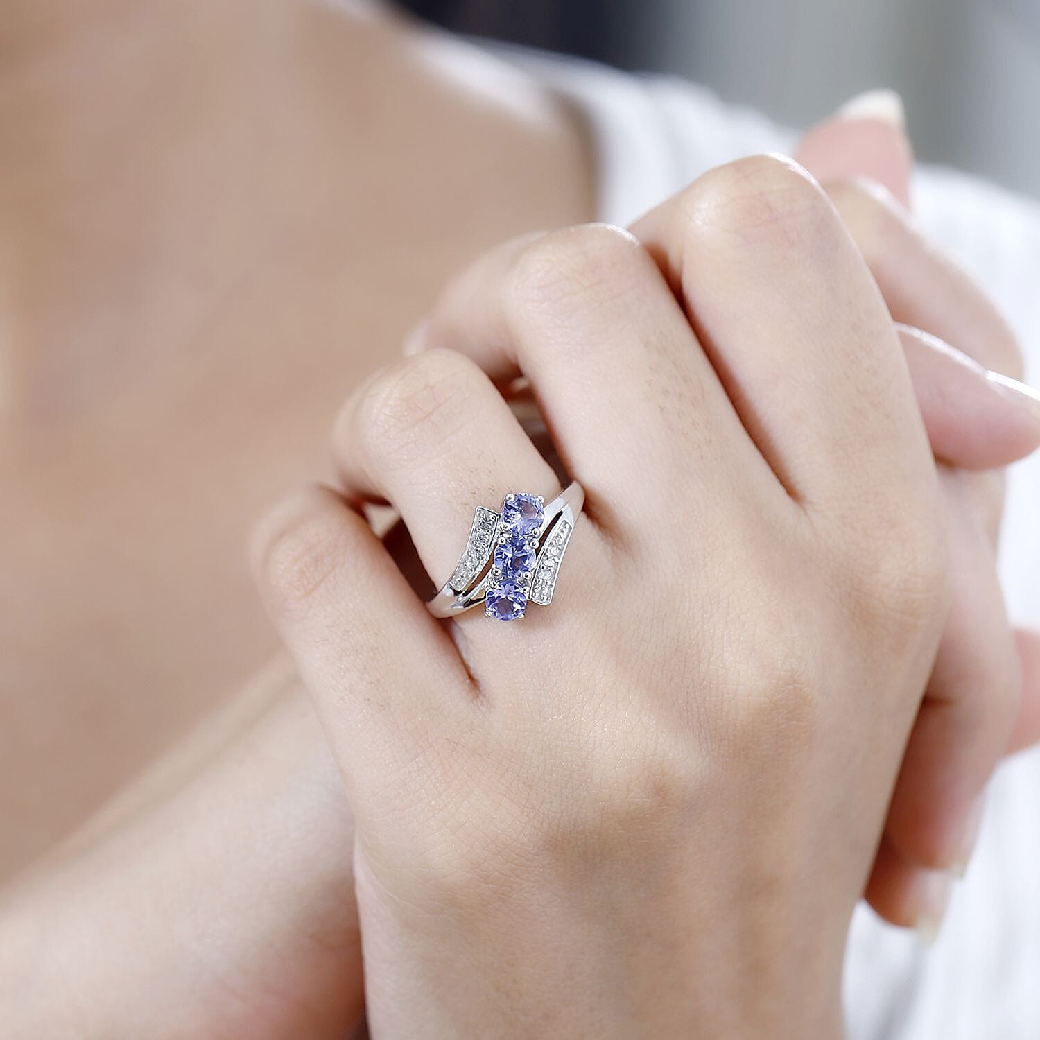 Tanzanite and White Zircon 1.40 ctw Ring in Rhodium Over Sterling Silver (Size 9.0)