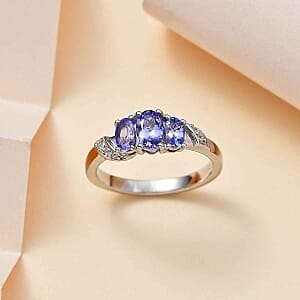 Tanzanite and White Zircon 0.88 ctw Ring in Rhodium Over Sterling Silver (Size 10.0)