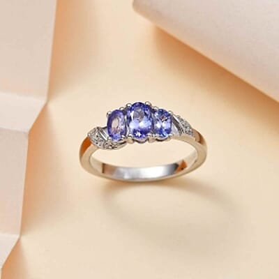 Tanzanite and White Zircon 0.88 ctw Ring in Rhodium Over Sterling Silver (Size 10.0)