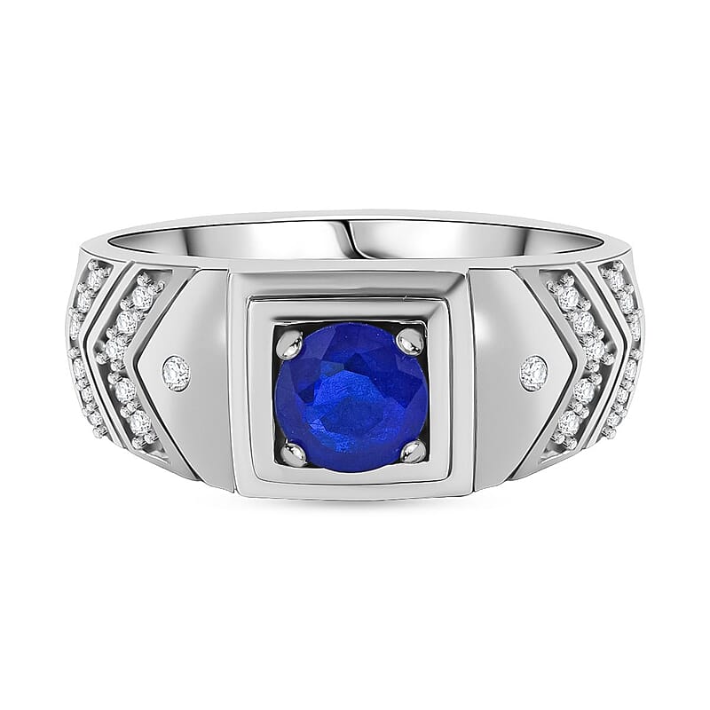 Tanzanian Blue Spinel (DF) and White Zircon 1.50 ctw Ring in Rhodium Over Sterling Silver (Size 5.5)