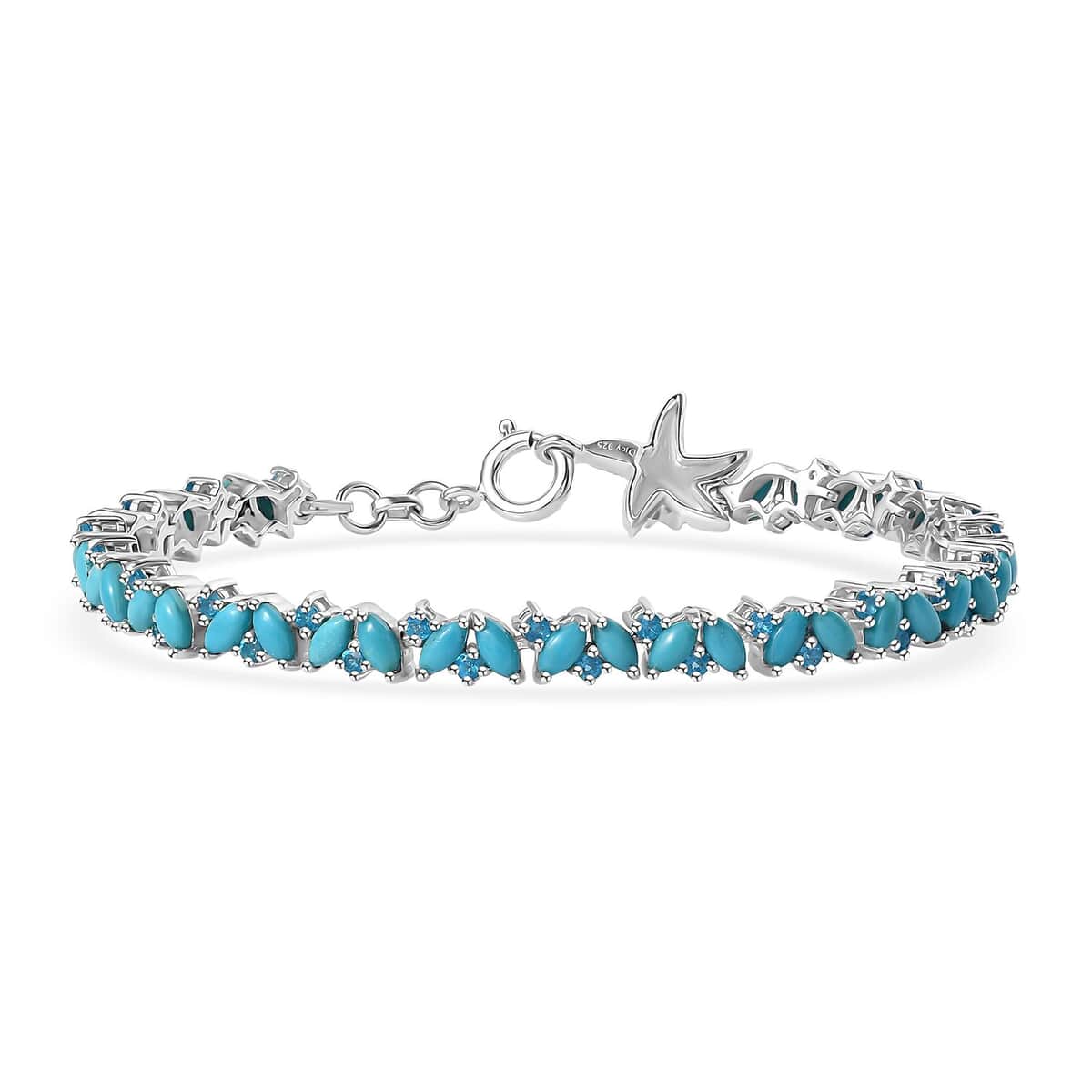 Premium Sleeping Beauty Turquoise and Malgache Neon Apatite Star Fish Motif Bracelet in Rhodium Over Sterling Silver (7.25 In) 7.10 ctw image number 0