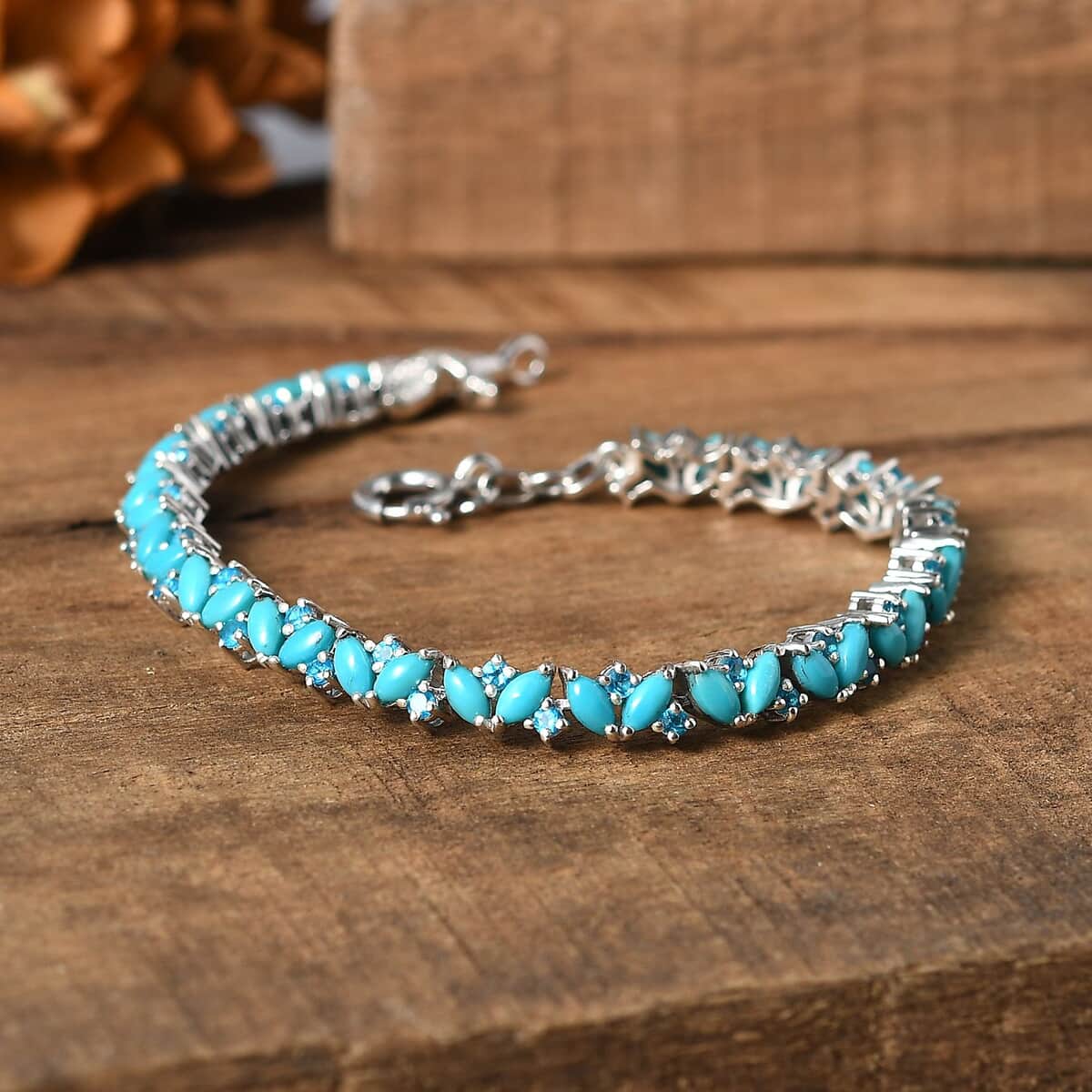 Premium Sleeping Beauty Turquoise and Malgache Neon Apatite Star Fish Motif Bracelet in Rhodium Over Sterling Silver (7.25 In) 7.10 ctw image number 1