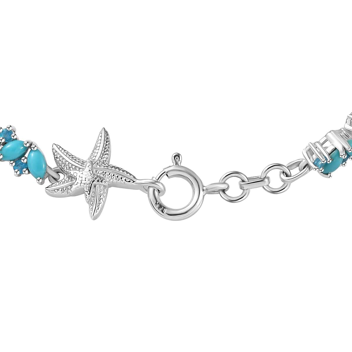 Premium Sleeping Beauty Turquoise and Malgache Neon Apatite Star Fish Motif Bracelet in Rhodium Over Sterling Silver (7.25 In) 7.10 ctw image number 3