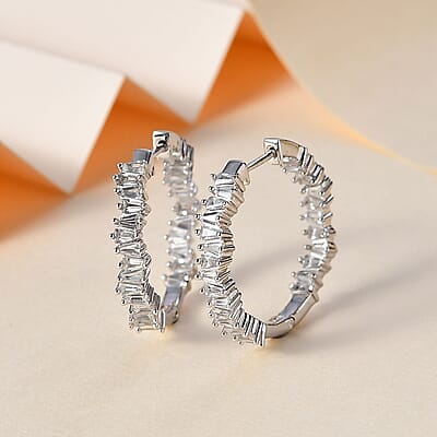 White Zircon Hoop Earrings in Rhodium Over Sterling Silver 4.75 ctw