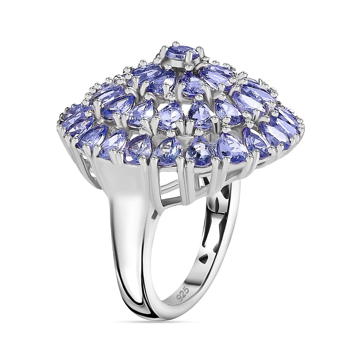 Tanzanite 7.10 ctw Cluster Ring in Rhodium Over Sterling Silver (Size 8.0) (8.76 g)