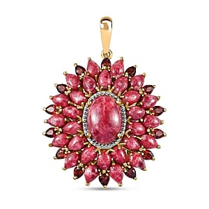 Premium Thulite and Red Garnet 31.30 ctw Cluster Pendant in 18K Vermeil Yellow Gold Over Sterling Silver (9.14 g)