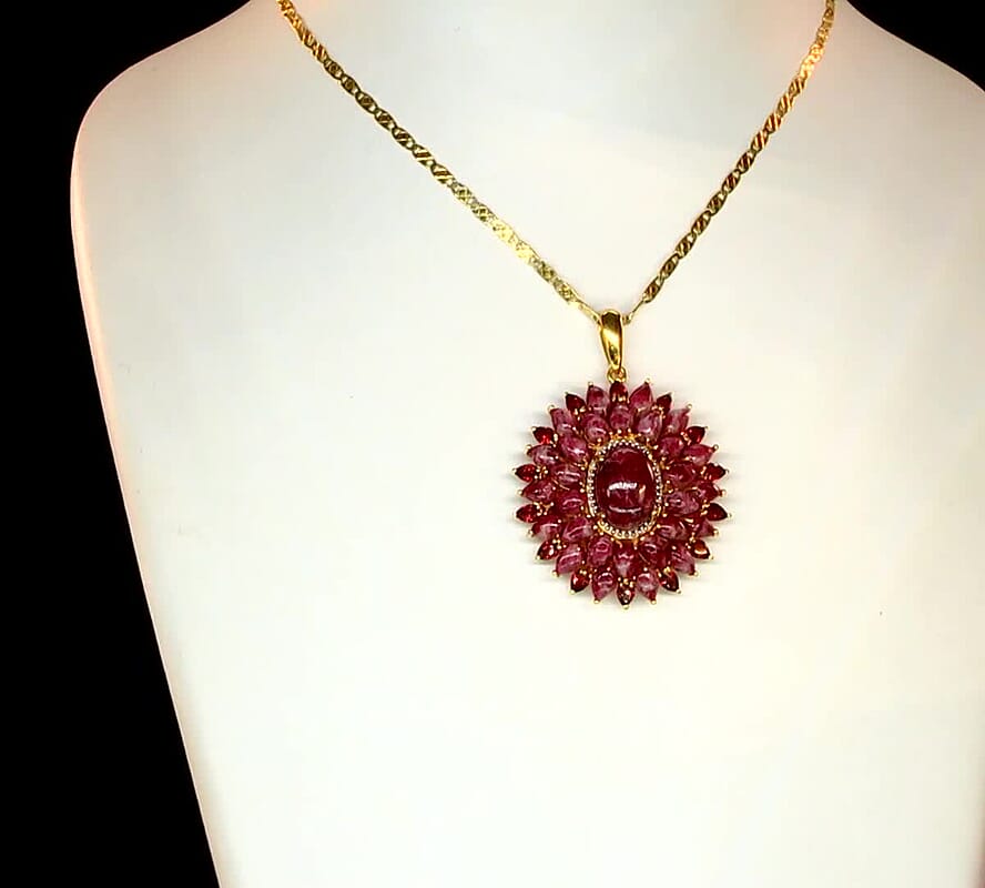 Premium Thulite and Red Garnet 31.30 ctw Cluster Pendant in 18K Vermeil Yellow Gold Over Sterling Silver (9.14 g)