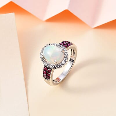 Premium Ethiopian Welo Opal and Multi Gemstone Halo Ring in Platinum Over Sterling Silver (Size 10.0) 1.50 ctw