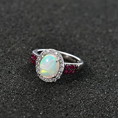Premium Ethiopian Welo Opal and Multi Gemstone Halo Ring in Platinum Over Sterling Silver (Size 10.0) 1.50 ctw