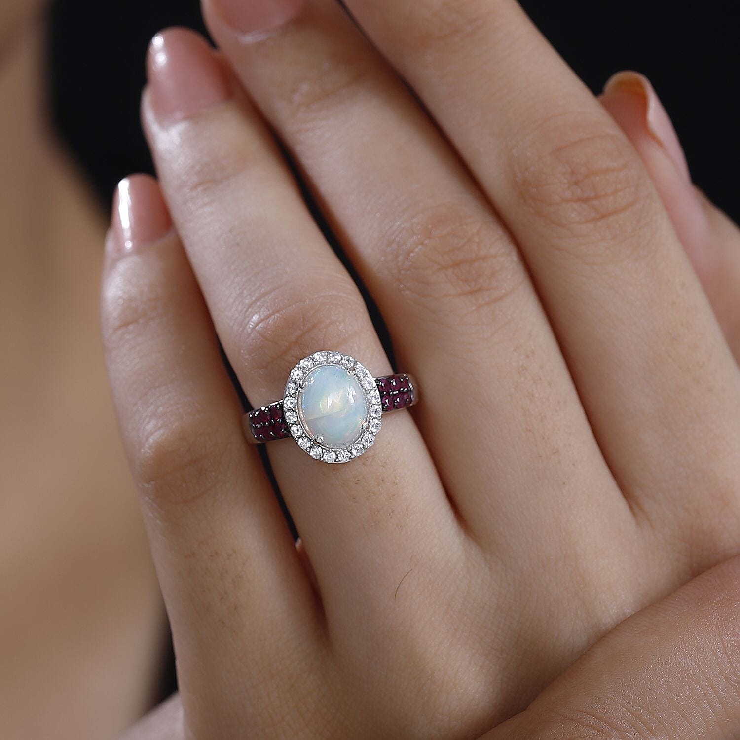 Premium Ethiopian Welo Opal and Multi Gemstone Halo Ring in Platinum Over Sterling Silver (Size 10.0) 1.50 ctw