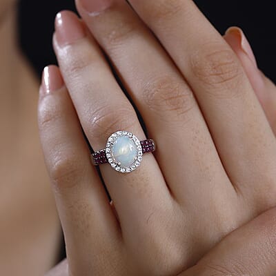 Premium Ethiopian Welo Opal and Multi Gemstone Halo Ring in Platinum Over Sterling Silver (Size 10.0) 1.50 ctw