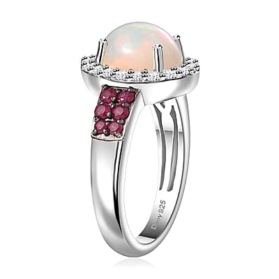 Premium Ethiopian Welo Opal and Multi Gemstone Halo Ring in Platinum Over Sterling Silver (Size 10.0) 1.50 ctw