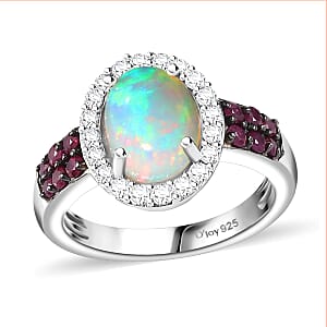 Premium Ethiopian Welo Opal and Multi Gemstone Halo Ring in Platinum Over Sterling Silver (Size 8.0) 1.50 ctw
