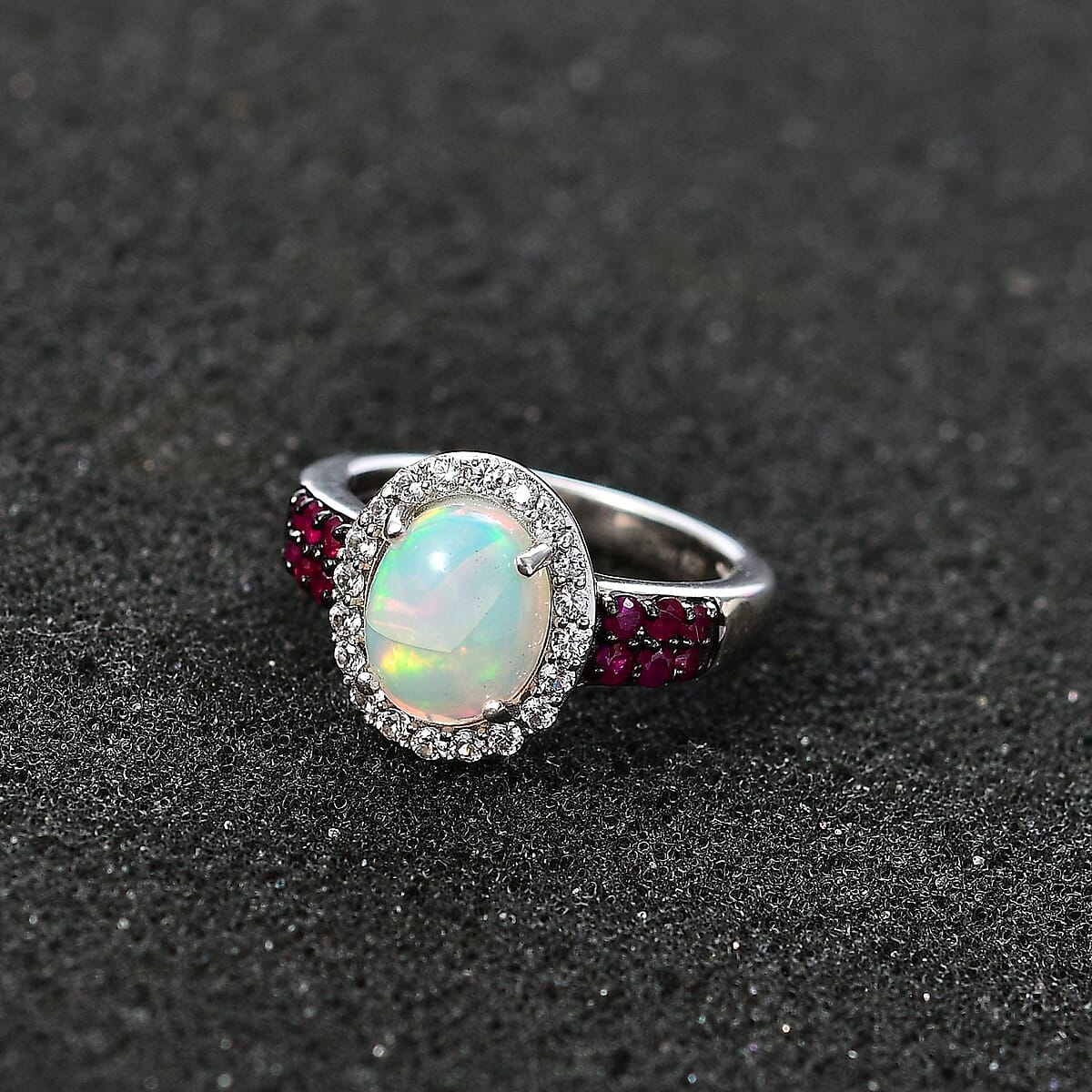 Premium Ethiopian Welo Opal and Multi Gemstone Halo Ring in Platinum Over Sterling Silver (Size 8.0) 1.50 ctw image number 2