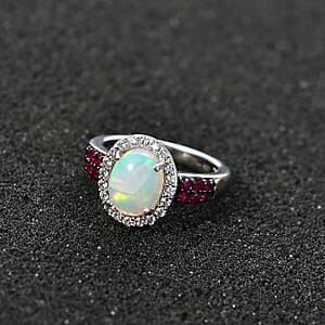 Premium Ethiopian Welo Opal and Multi Gemstone Halo Ring in Platinum Over Sterling Silver (Size 8.0) 1.50 ctw