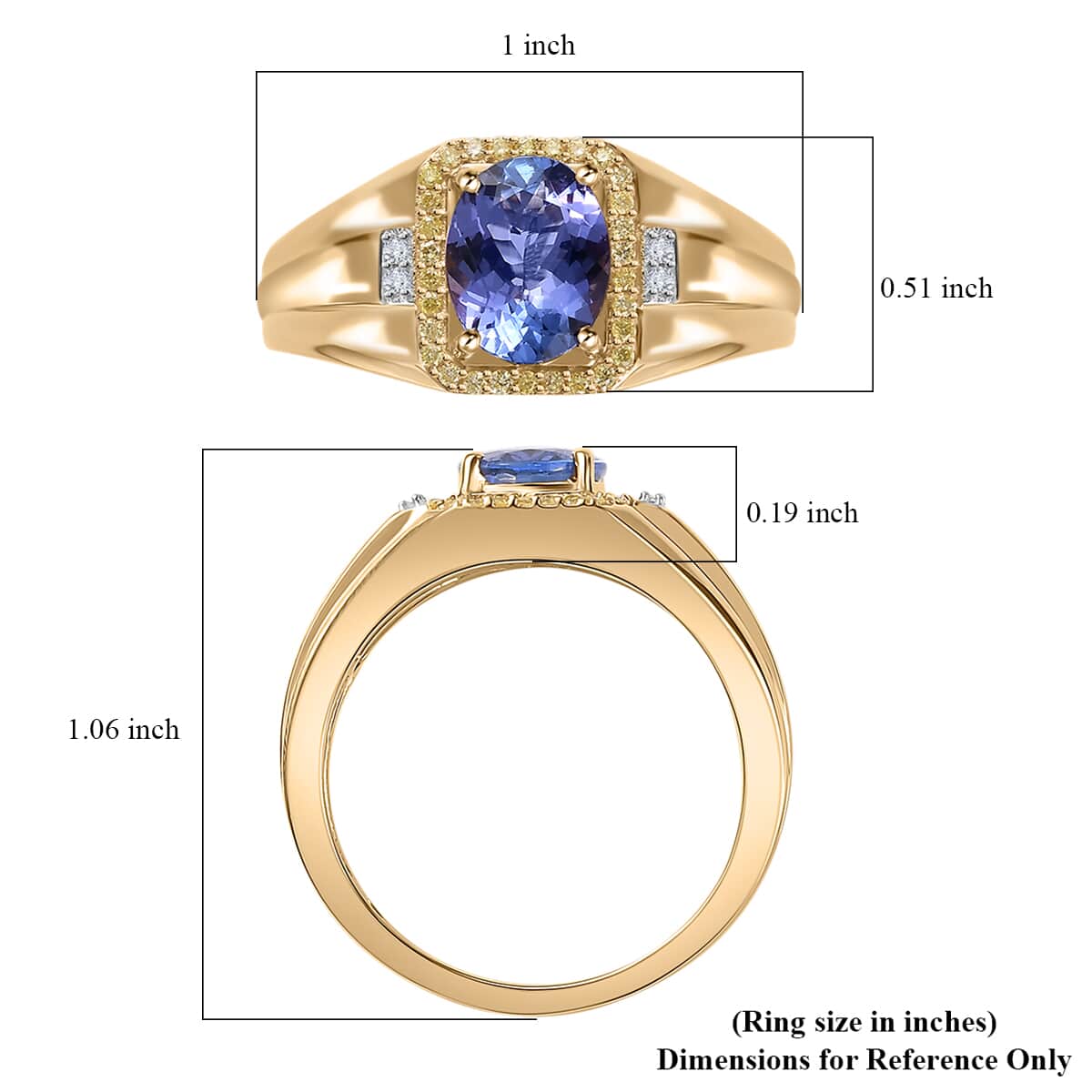 Luxoro 10K Yellow Gold Premium Tanzanite, I2 Natural Yellow and White Diamond Men's Ring 2.15 ctw image number 5