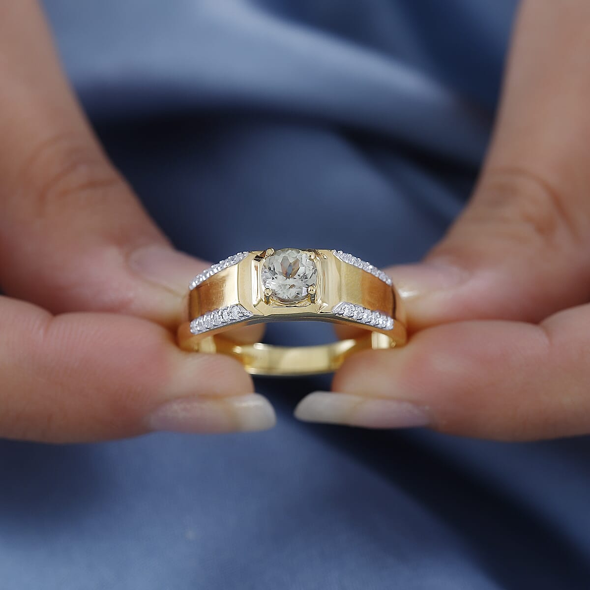 AAA Turkizite and Moissanite Men's Ring in 18K Vermeil Yellow Gold Over Sterling Silver (Size 11.0) 1.40 ctw image number 2