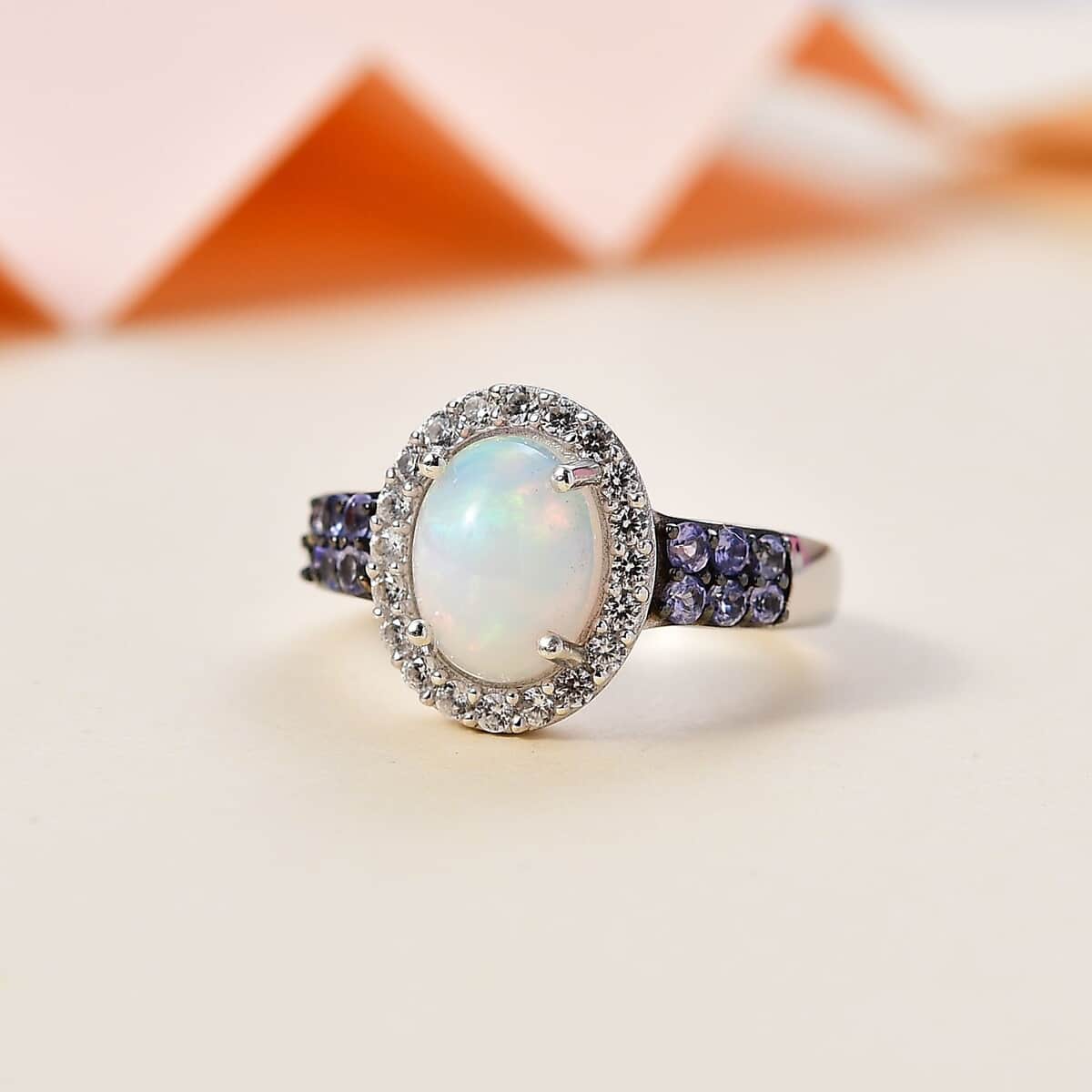 Premium Ethiopian Welo Opal, Multi Gemstone Halo Ring in Platinum Over Sterling Silver (Size 10.0) 1.50 ctw image number 1