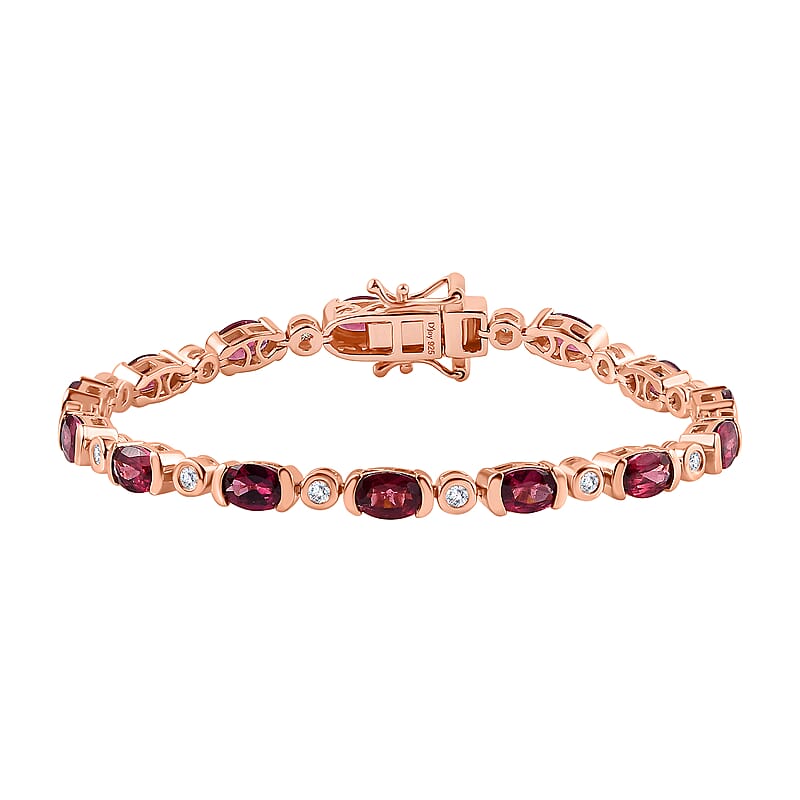 Tanzanian Wine Garnet and Moissanite Link Bracelet in 18K Vermeil Rose Gold Over Sterling Silver (6.50 In) 7.80 ctw