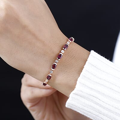 Tanzanian Wine Garnet and Moissanite Link Bracelet in 18K Vermeil Rose Gold Over Sterling Silver (6.50 In) 7.80 ctw