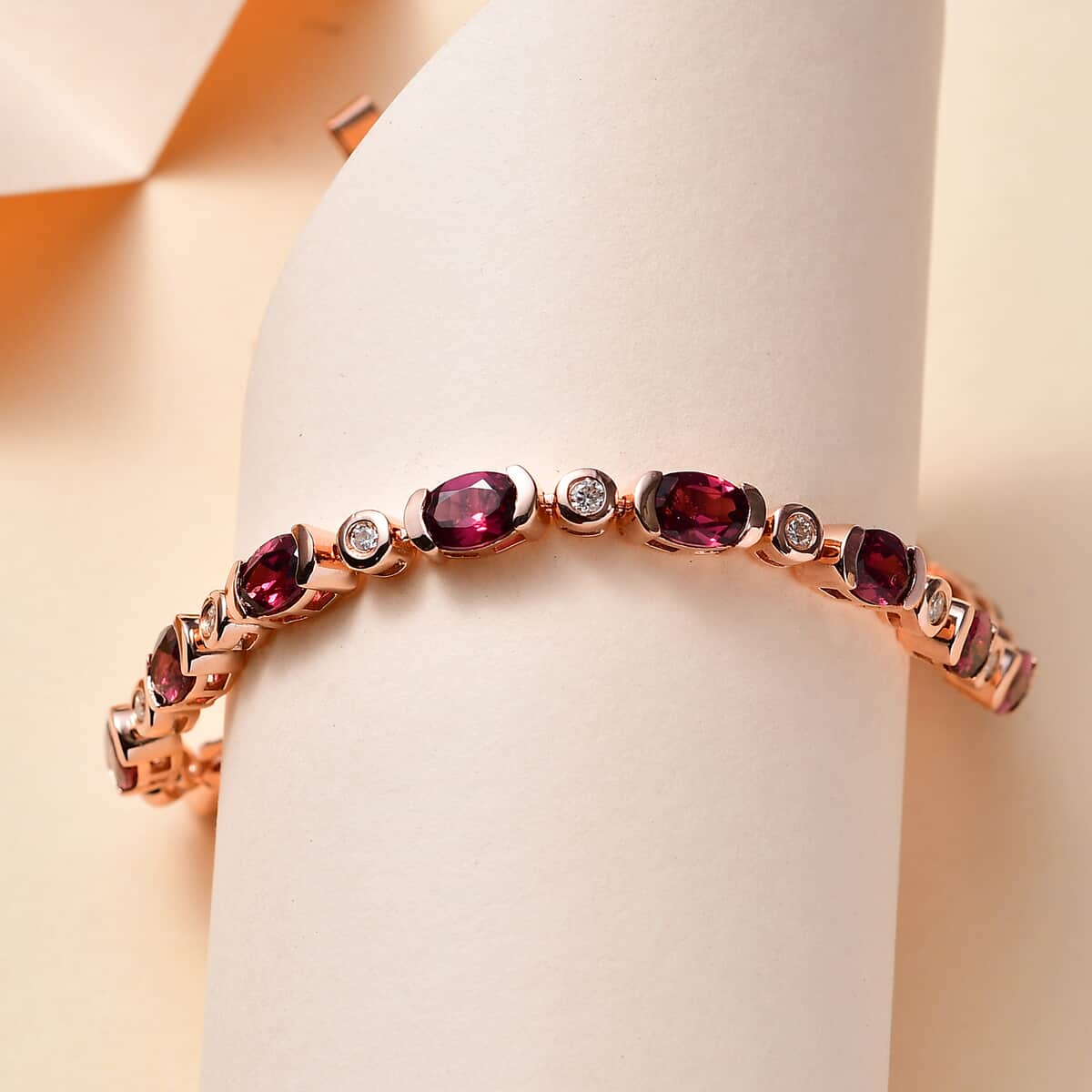 Tanzanian Wine Garnet and Moissanite Link Bracelet in 18K Vermeil Rose Gold Over Sterling Silver (8.00 In) 9.50 ctw image number 1