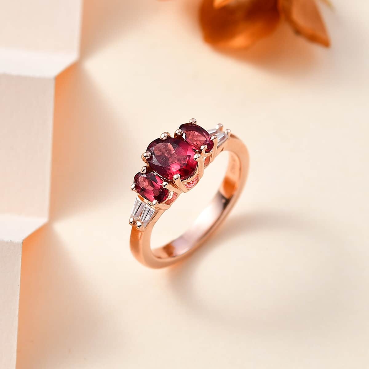 Tanzanian Wine Garnet and Moissanite Trilogy Ring in Vermeil Rose Gold Over Sterling Silver (Size 10.0) 1.50 ctw image number 1