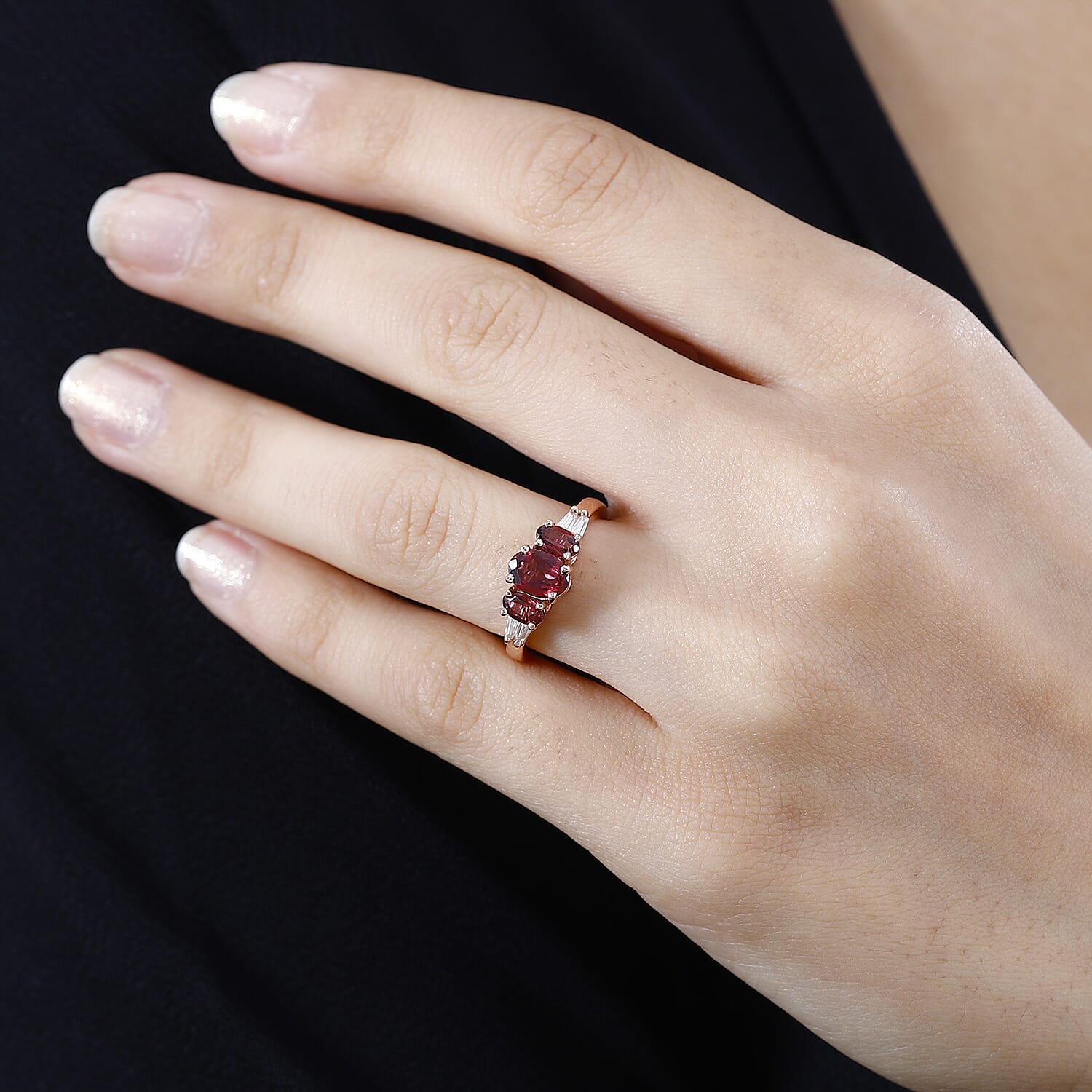 Tanzanian Wine Garnet and Moissanite Trilogy Ring in Vermeil Rose Gold Over Sterling Silver (Size 10.0) 1.50 ctw