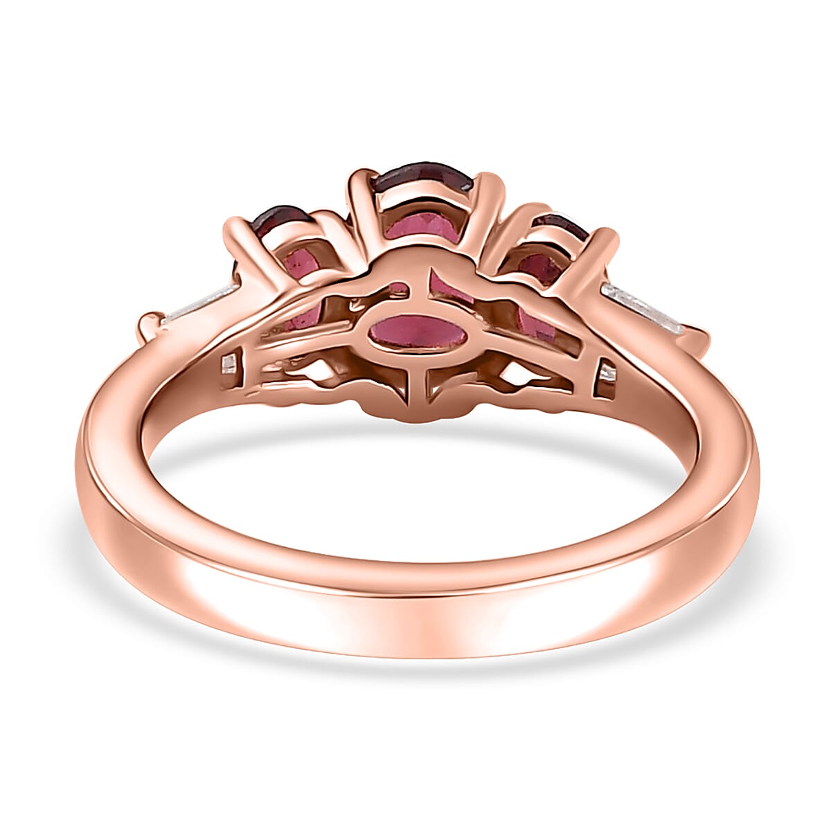 Tanzanian Wine Garnet and Moissanite Trilogy Ring in Vermeil Rose Gold Over Sterling Silver (Size 10.0) 1.50 ctw