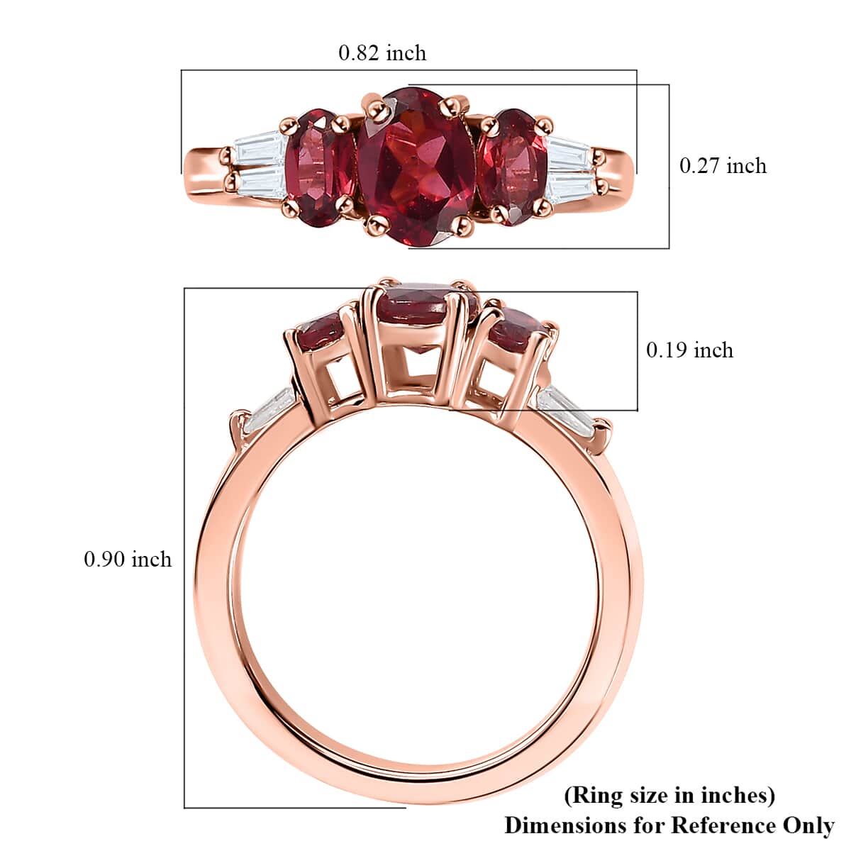 Tanzanian Wine Garnet and Moissanite Trilogy Ring in Vermeil Rose Gold Over Sterling Silver (Size 10.0) 1.50 ctw image number 5
