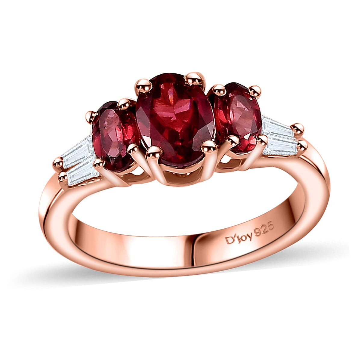 Tanzanian Wine Garnet and Moissanite Trilogy Ring in Vermeil Rose Gold Over Sterling Silver (Size 8.0) 1.50 ctw image number 0