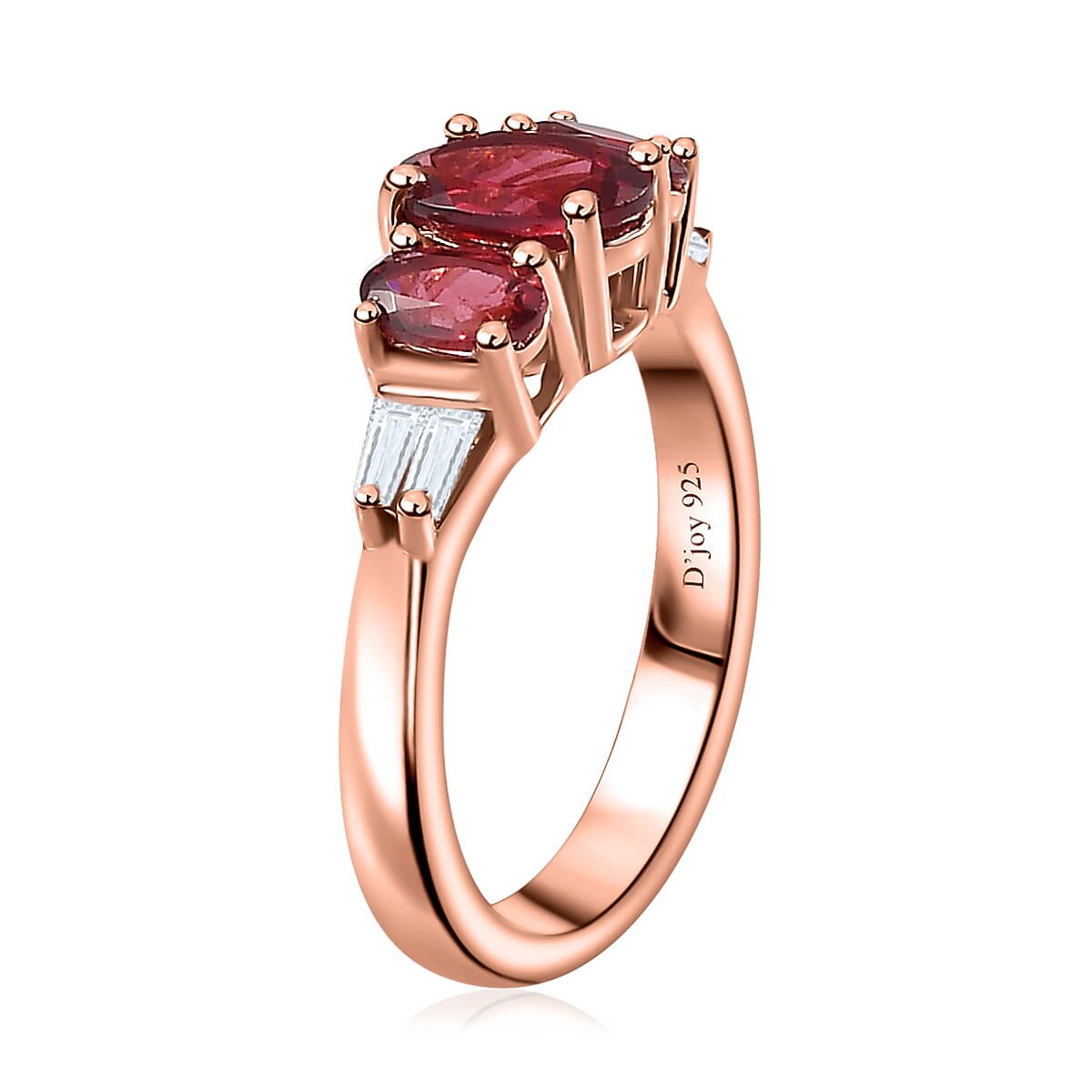 Tanzanian Wine Garnet and Moissanite Trilogy Ring in Vermeil Rose Gold Over Sterling Silver (Size 8.0) 1.50 ctw image number 3