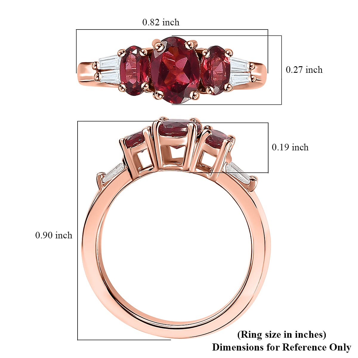 Tanzanian Wine Garnet and Moissanite Trilogy Ring in Vermeil Rose Gold Over Sterling Silver (Size 8.0) 1.50 ctw image number 5
