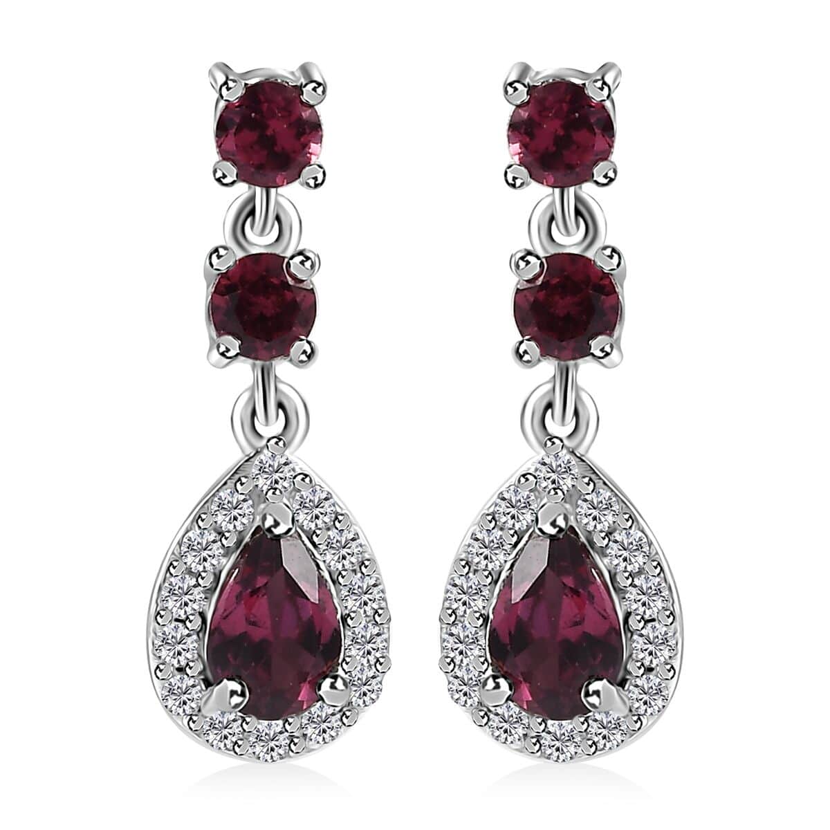 Tanzanian Wine Garnet and White Zircon Halo Dangle Earrings in Rhodium Over Sterling Silver 2.00 ctw image number 0
