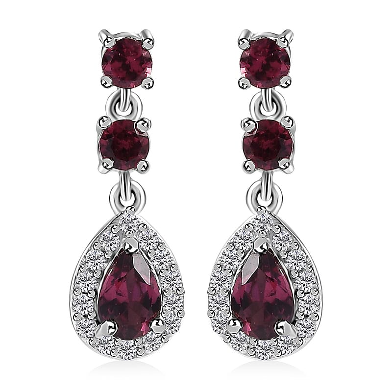 Tanzanian Wine Garnet and White Zircon Halo Dangle Earrings in Rhodium Over Sterling Silver 2.00 ctw