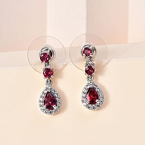 Tanzanian Wine Garnet and White Zircon Halo Dangle Earrings in Rhodium Over Sterling Silver 2.00 ctw