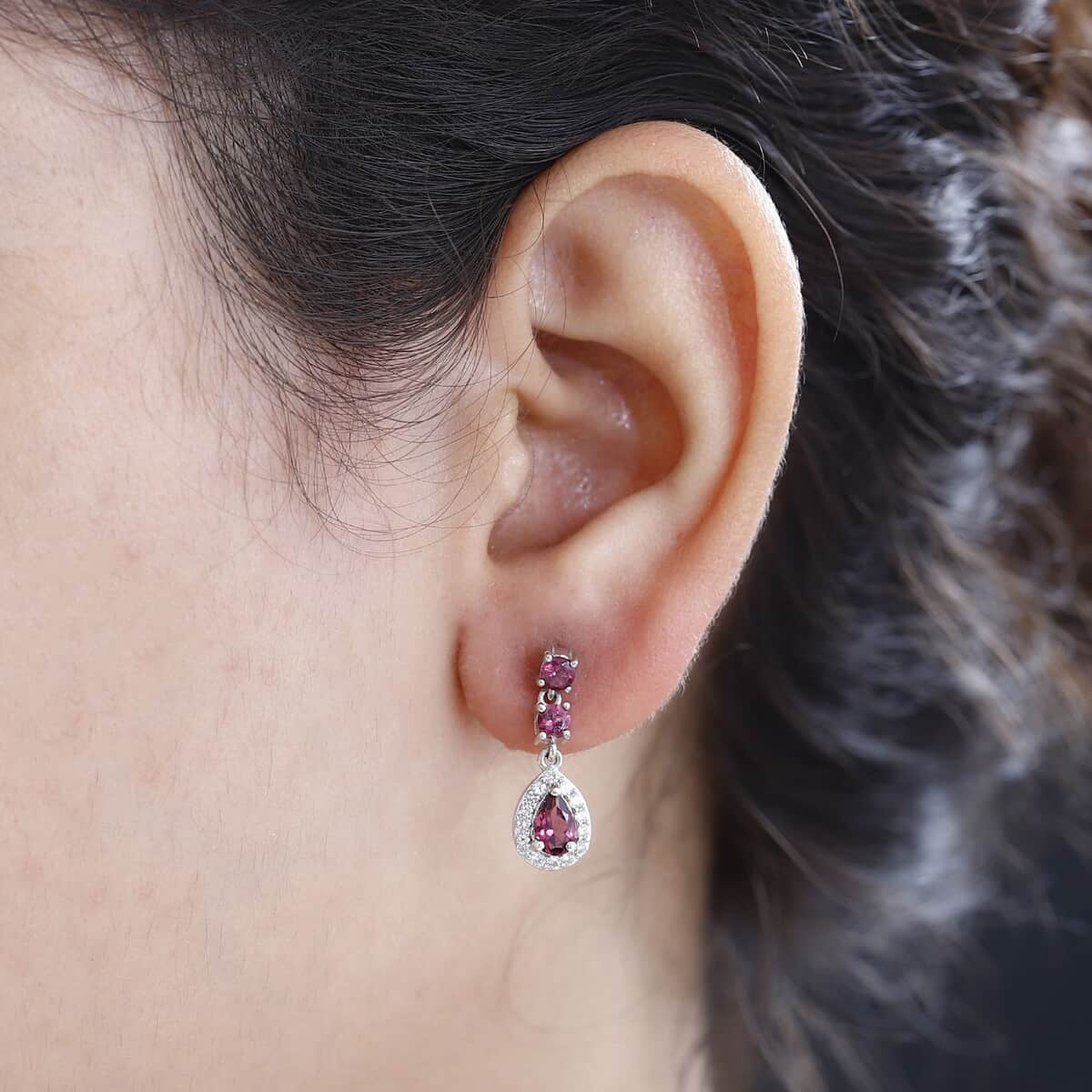 Tanzanian Wine Garnet and White Zircon Halo Dangle Earrings in Rhodium Over Sterling Silver 2.00 ctw image number 2