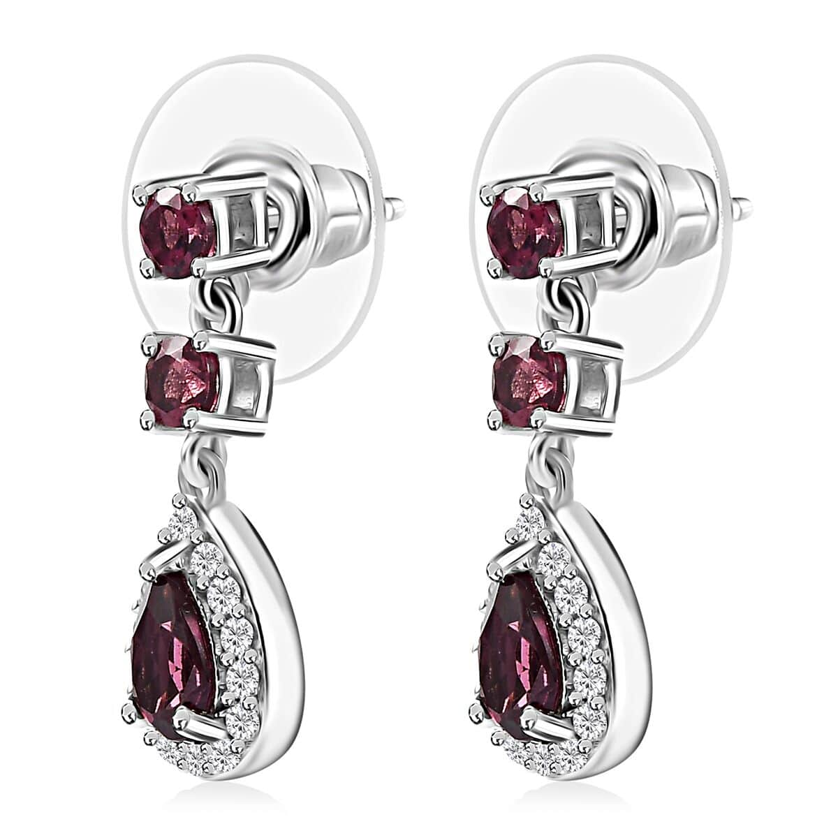 Tanzanian Wine Garnet and White Zircon Halo Dangle Earrings in Rhodium Over Sterling Silver 2.00 ctw image number 3