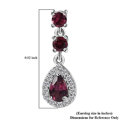 Tanzanian Wine Garnet and White Zircon Halo Dangle Earrings in Rhodium Over Sterling Silver 2.00 ctw