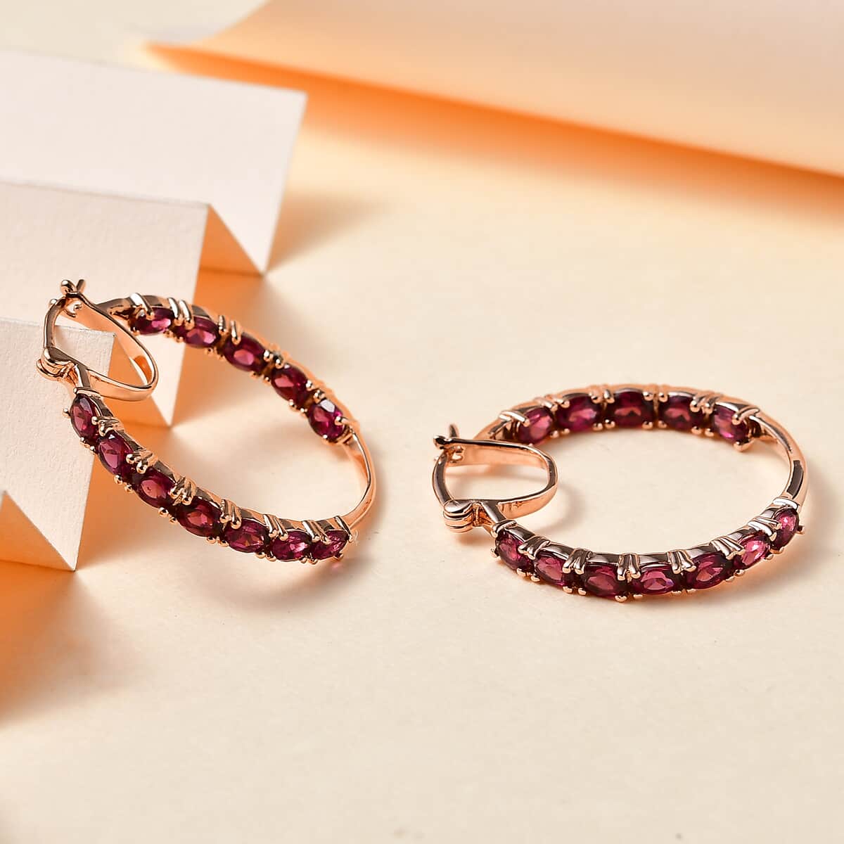 Tanzanian Wine Garnet Inside Out Hoop Earrings in 18K Vermeil Rose Gold Over Sterling Silver 5.40 ctw image number 1